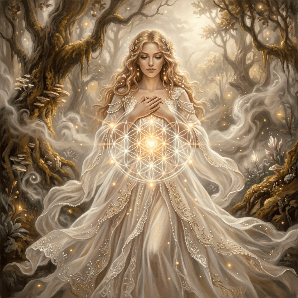Woman in glowing white gown holding radiant geometric light orb in magical forest